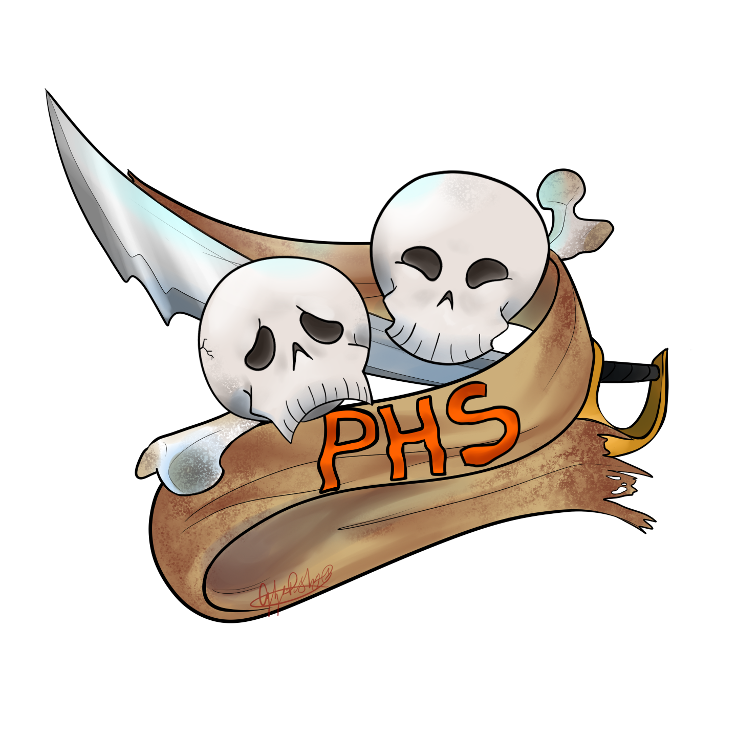 Drama/Comedy masks shaped like skulls with  sword and torn Banner that reads 