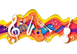 colorful painted staff with instruments and notation