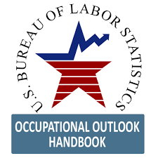 Logo for Bureau of Labor Statistics, a Re, white, blue star with a data line heading up