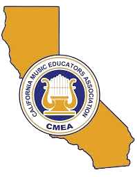 Yellow map of California with California Music Education Association logo