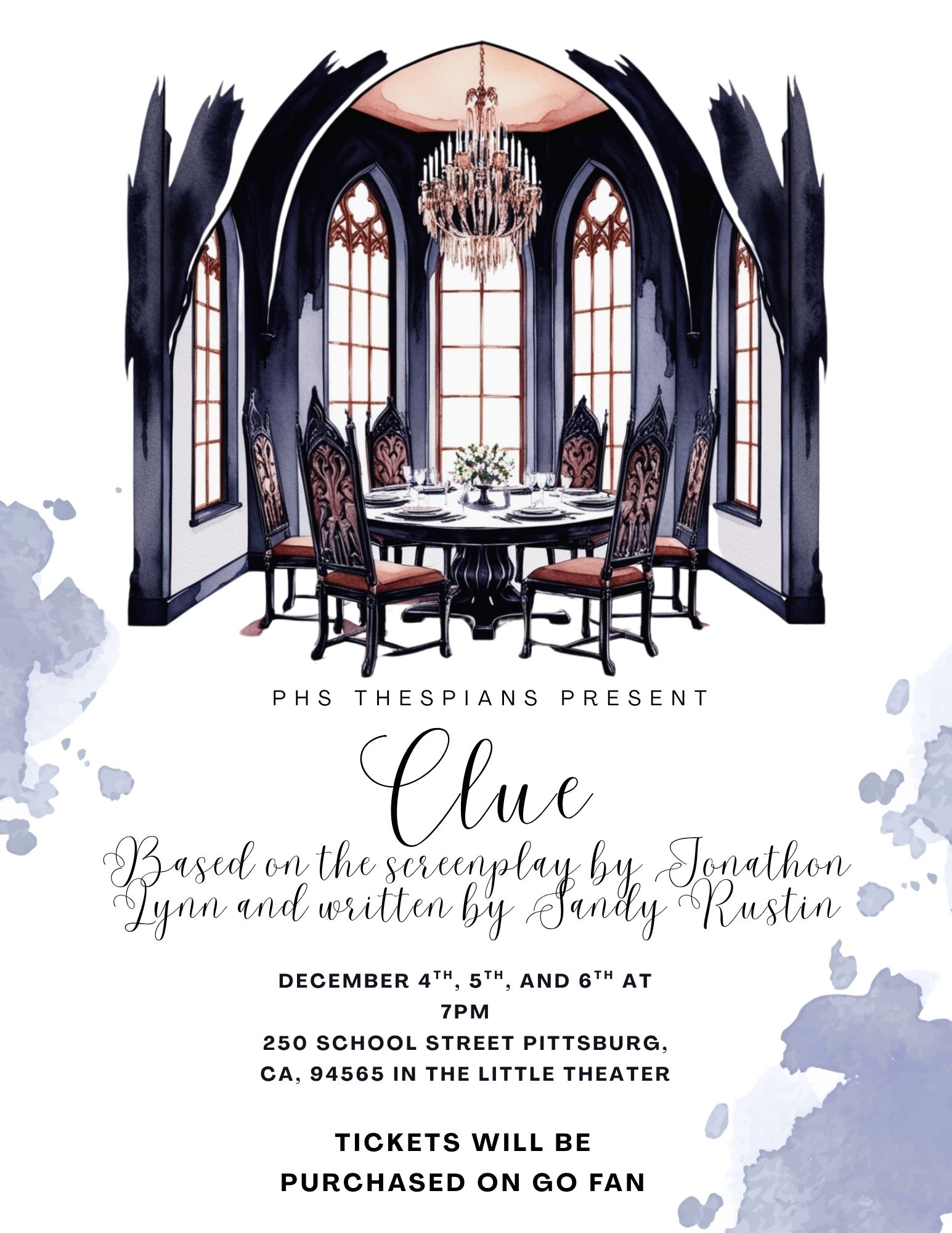 Drama/Comedy masks shaped like skulls with  sword and torn Banner that reads 